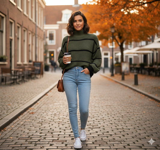 Suéter de cuello alto a rayas que eleva tu estilo