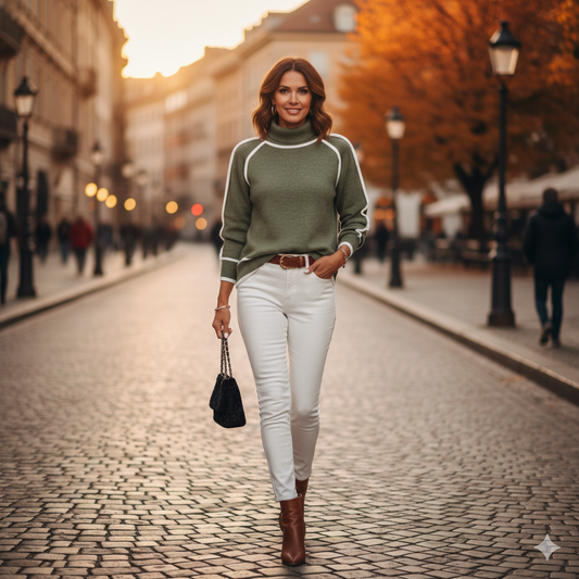 Suéter de punto lujo en verde oliva que combina estilo y confort